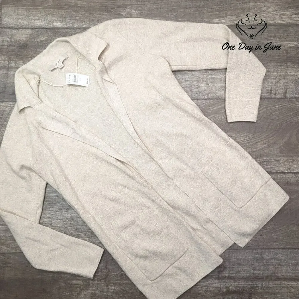 Loft Open Front Cardigan Sweater Oatmeal Beige Patch Pockets NWT Size XS